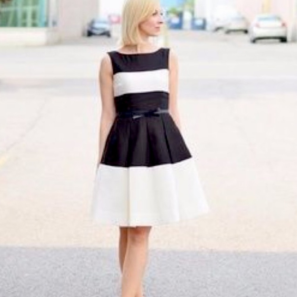 Kate Spade Gayle Colourblock Striped Fit and Flare Dress Black/Ivory size 8